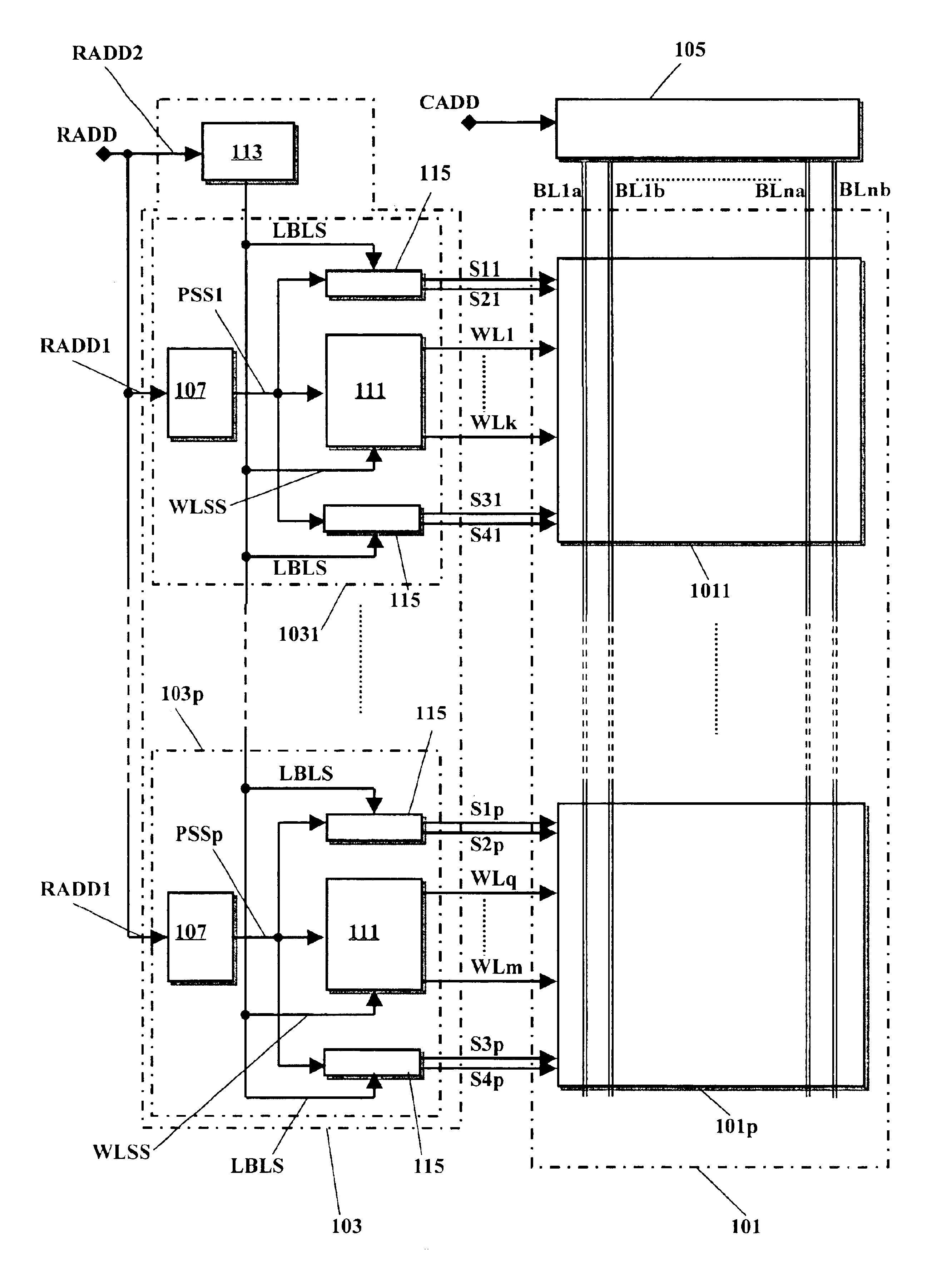 Line selector for a matrix of memory elements