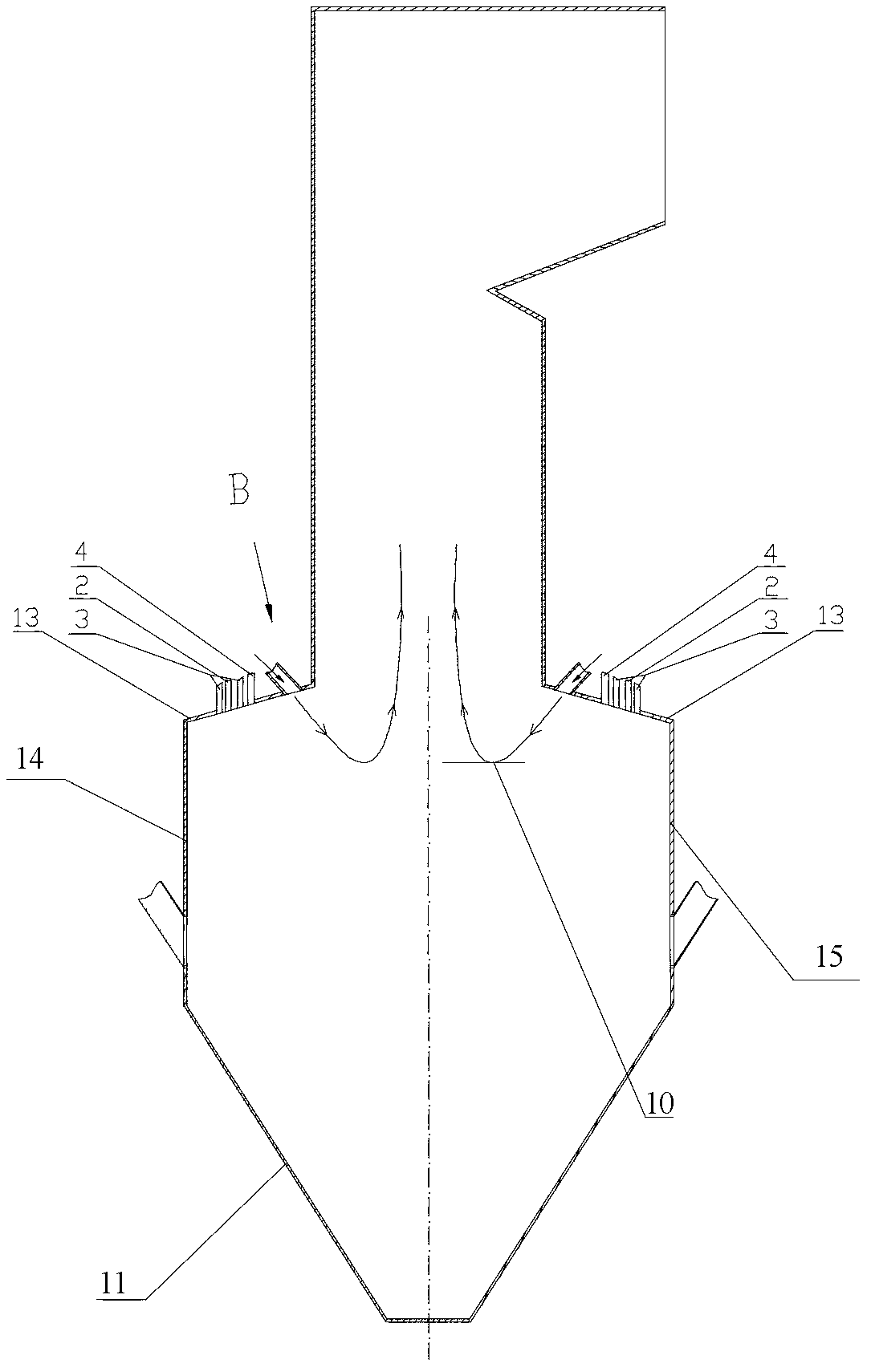 W-shaped flame boiler gap type OFA (over fire air) device arranged above arch wing wall