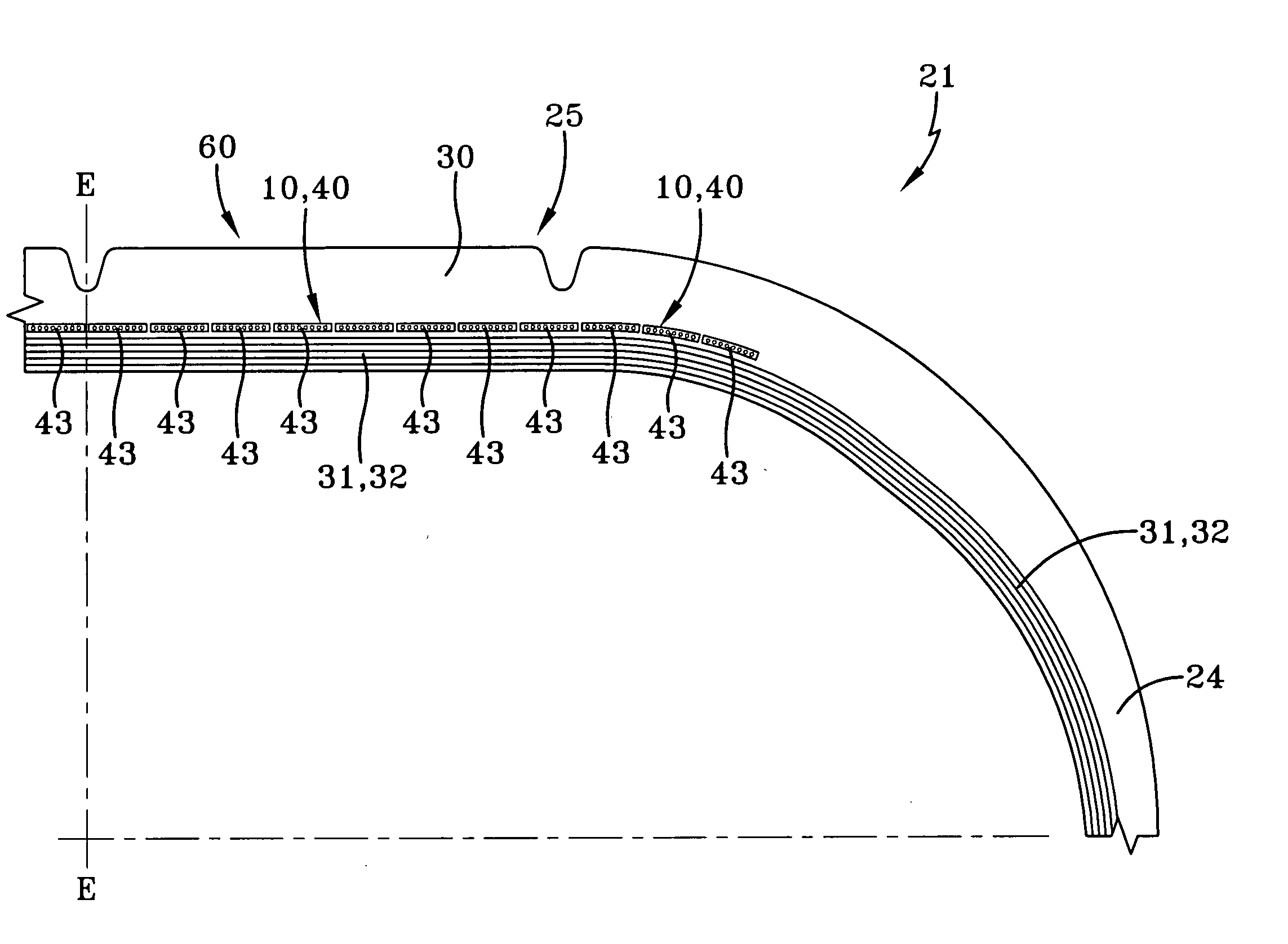 Pneumatic tire having a crown reinforcement structure with a plurality of adjacent cord reinforced strips and a process to manufacture or retread such a tire