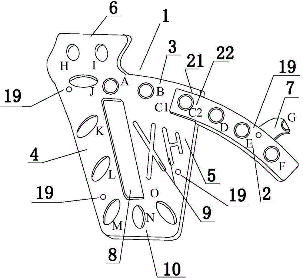 Fixing device for fractures of anterior column, posterior column and square area of acetabulum and method