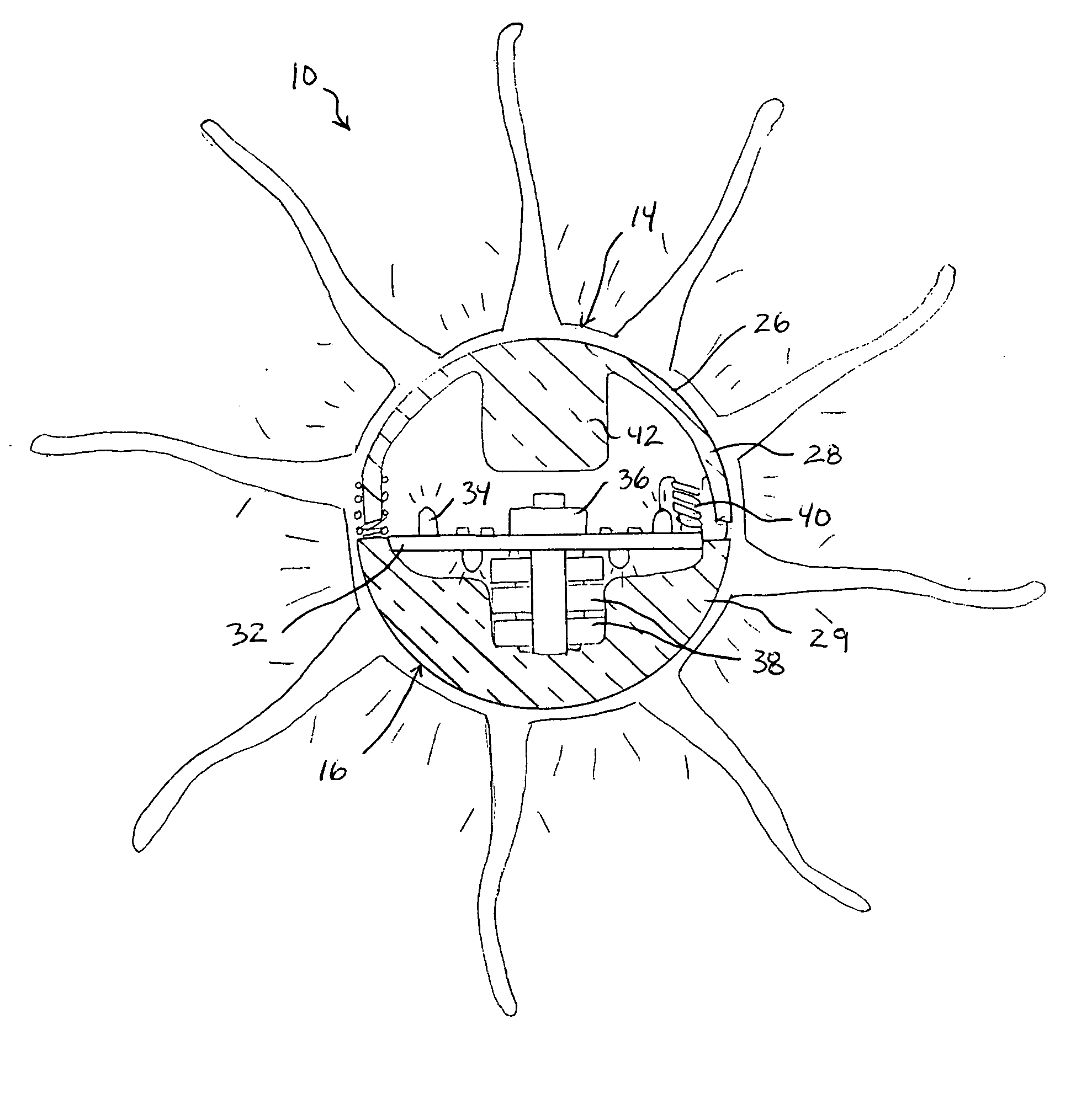 Internally illuminated elastomeric novelty device with external projections