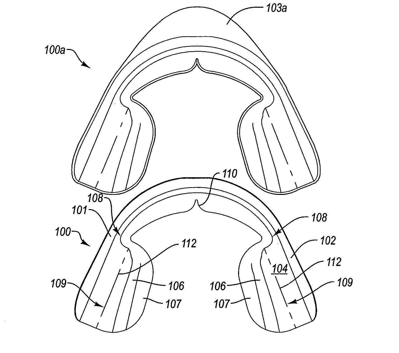 Non-custom dental treatment trays and mouth guards having improved anatomical features