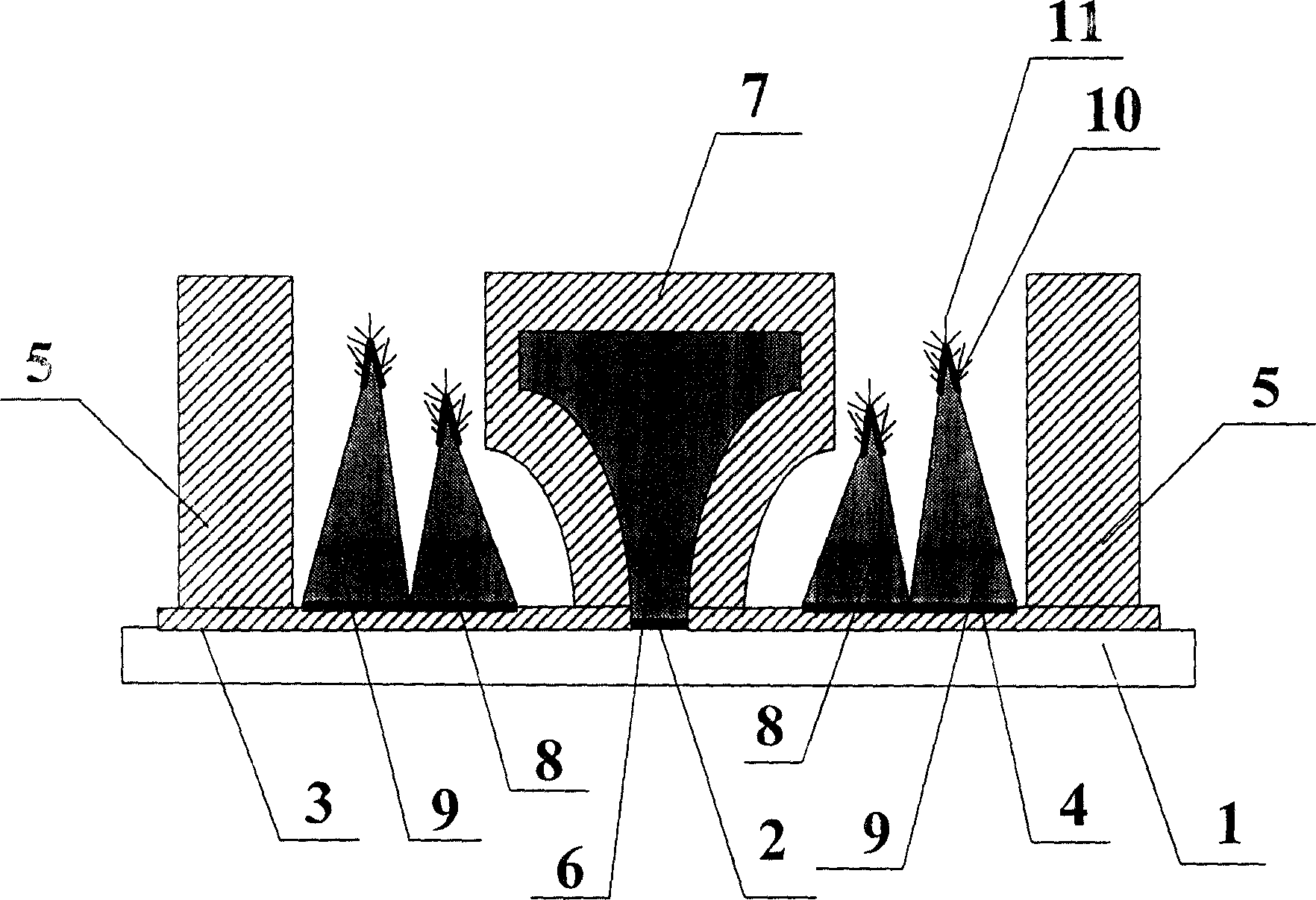 Multiple round annular cathode array emitting structural panel display device and its production technique