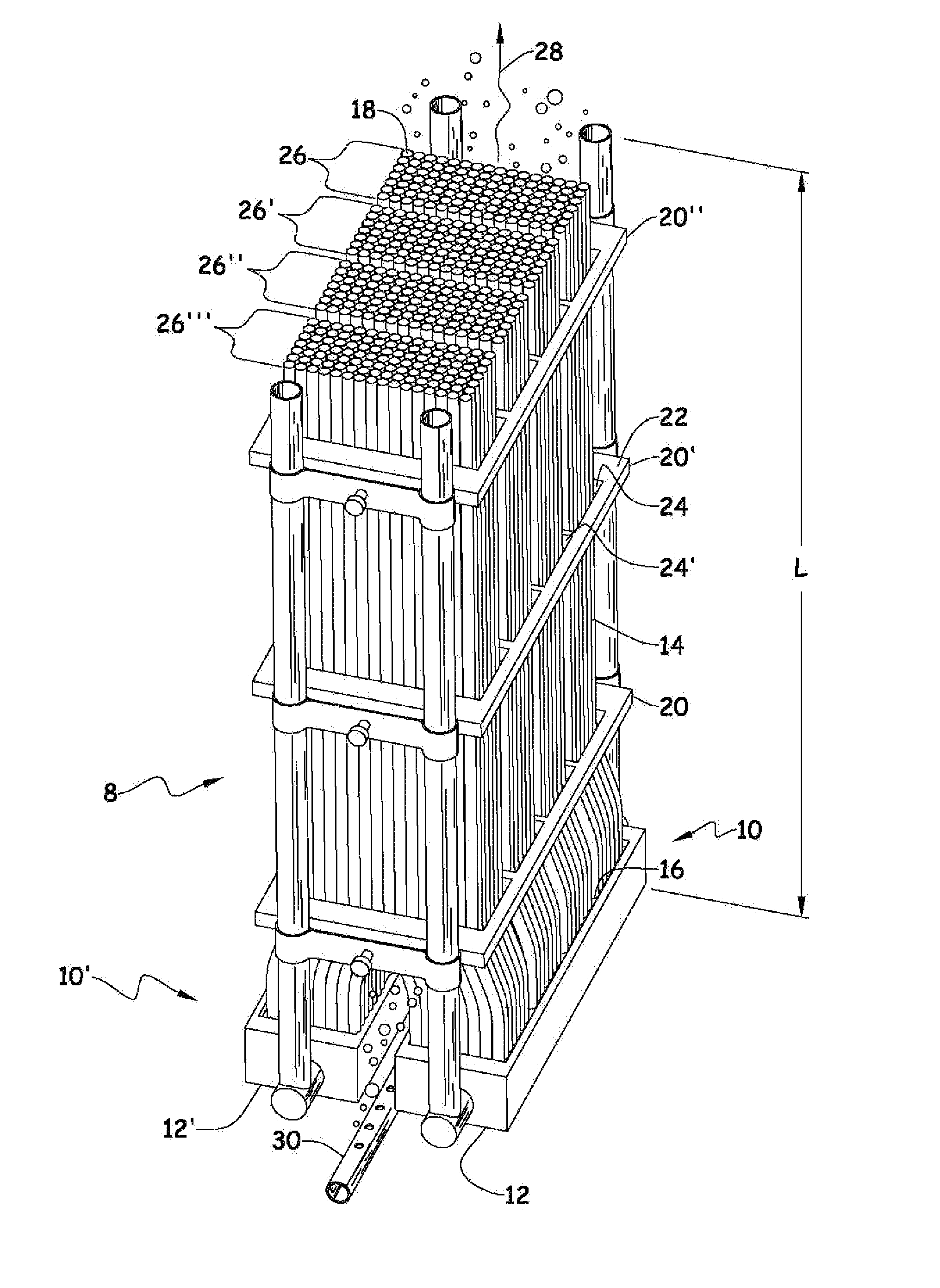 Filtration assembly including multiple modules sharing common hollow fiber support