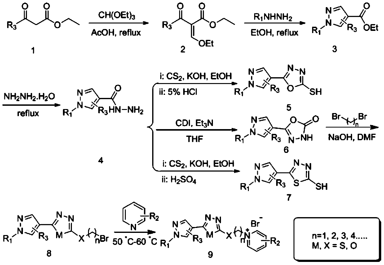 Pyrazole dioxane (thia) diazole compound containing pyridinium salt, preparation method and application thereof