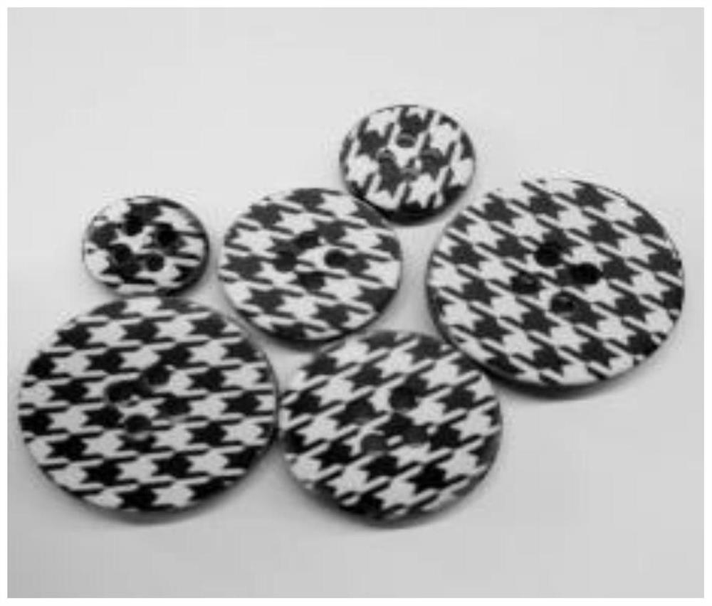 A button treatment process with surface coating and transfer printing effect