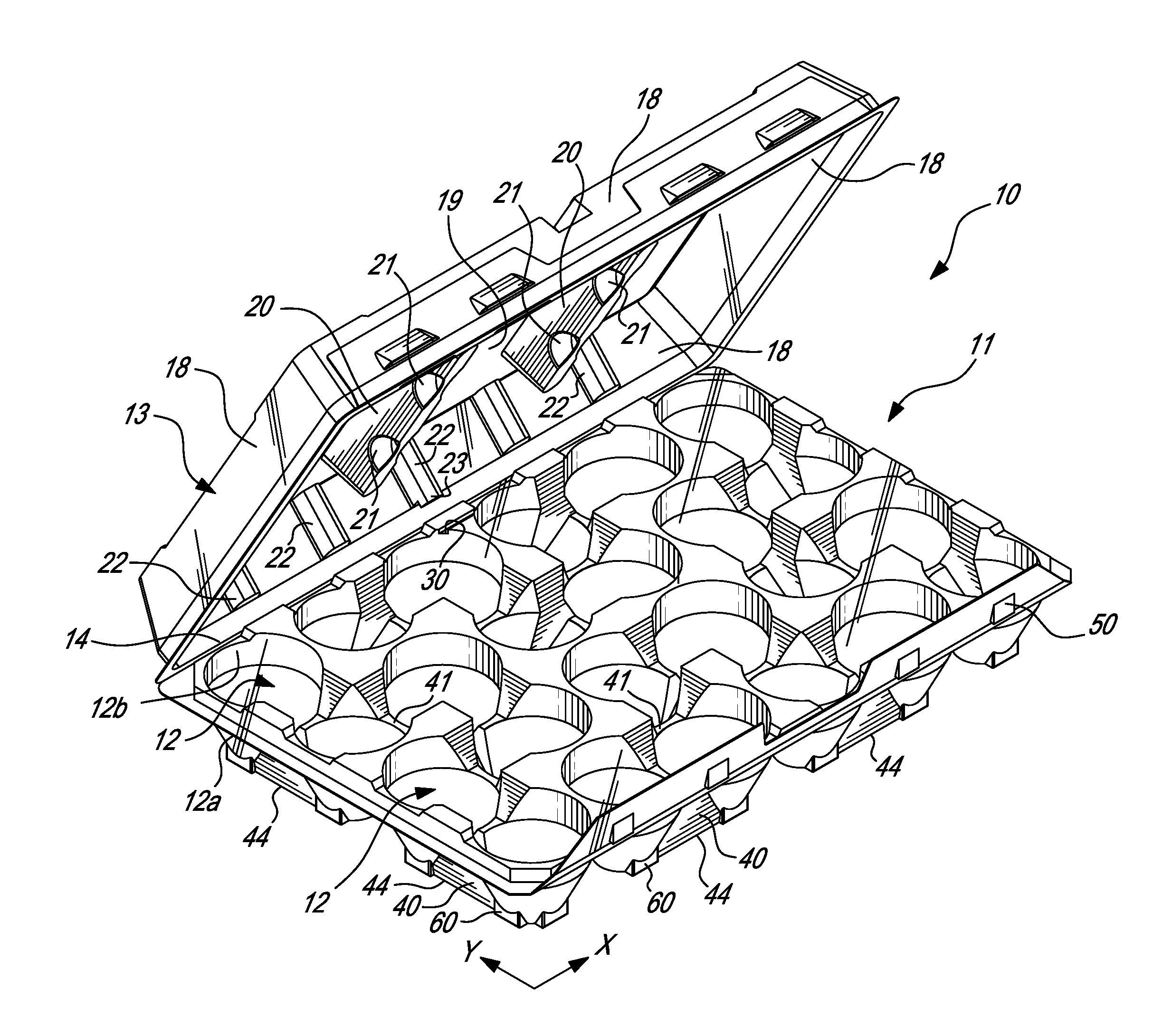 Stacking configuration for container for frangible items