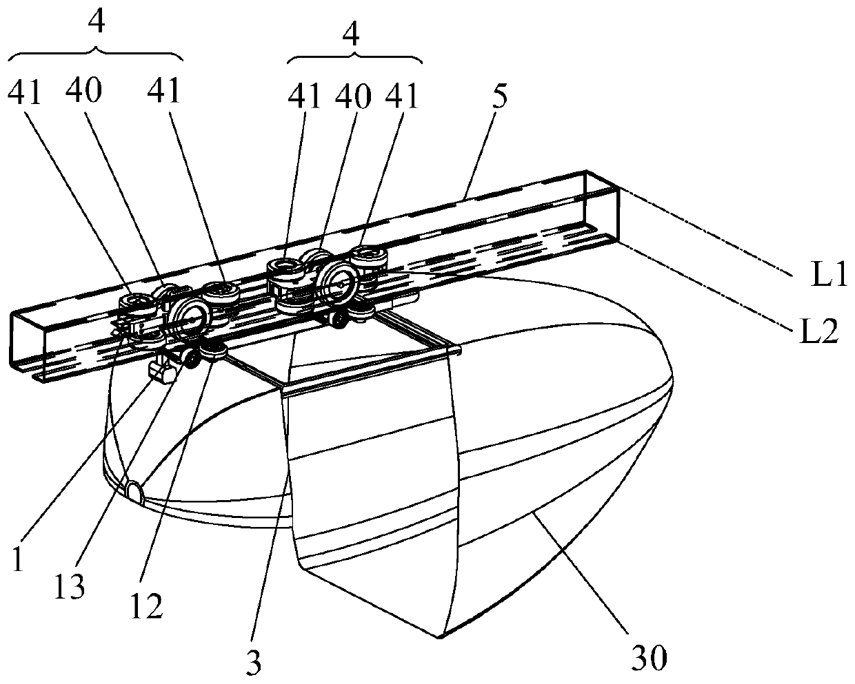 Suspension type monorail trolley reversing gear and suspension type monorail trolley