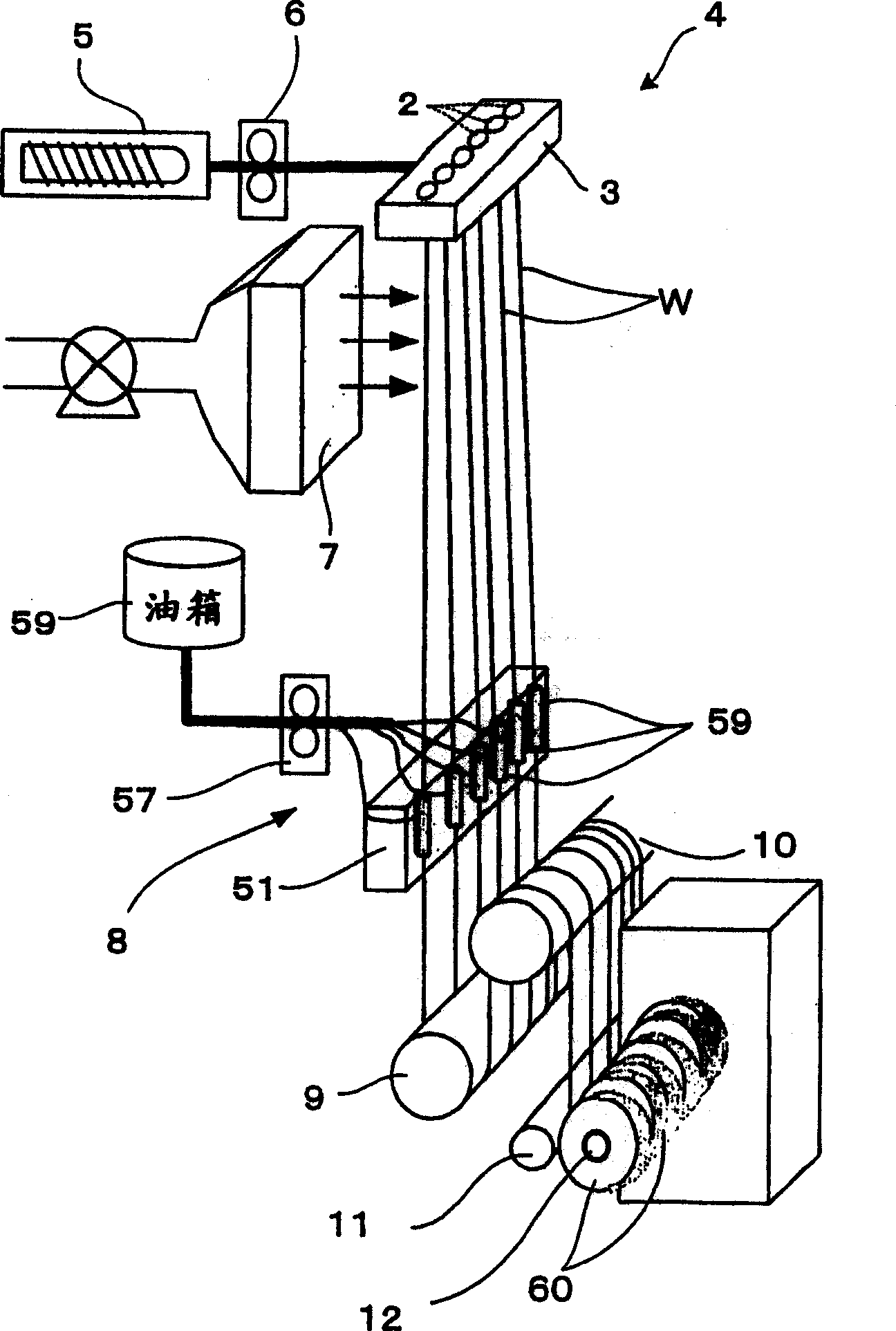 Spinneret, oiling device, production device and production method for synthetic fibers