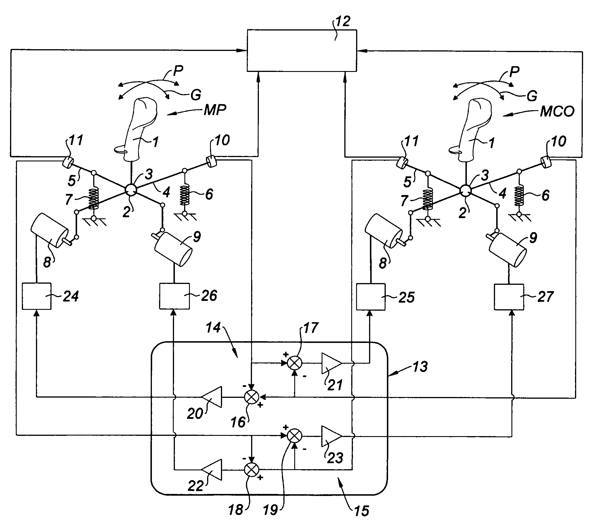 Control system including two control columns that are coupled to enable controlled members to be placed in required positions