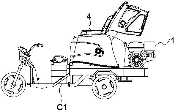 Electric three-wheel high-pressure washing vehicle with long-distance continuation of journey