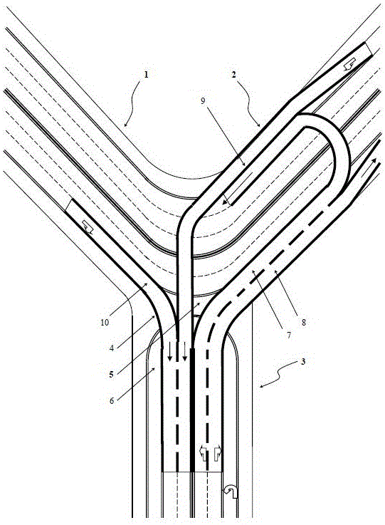Barrier-free completely intercommunicating overpass system for Y-shaped fork