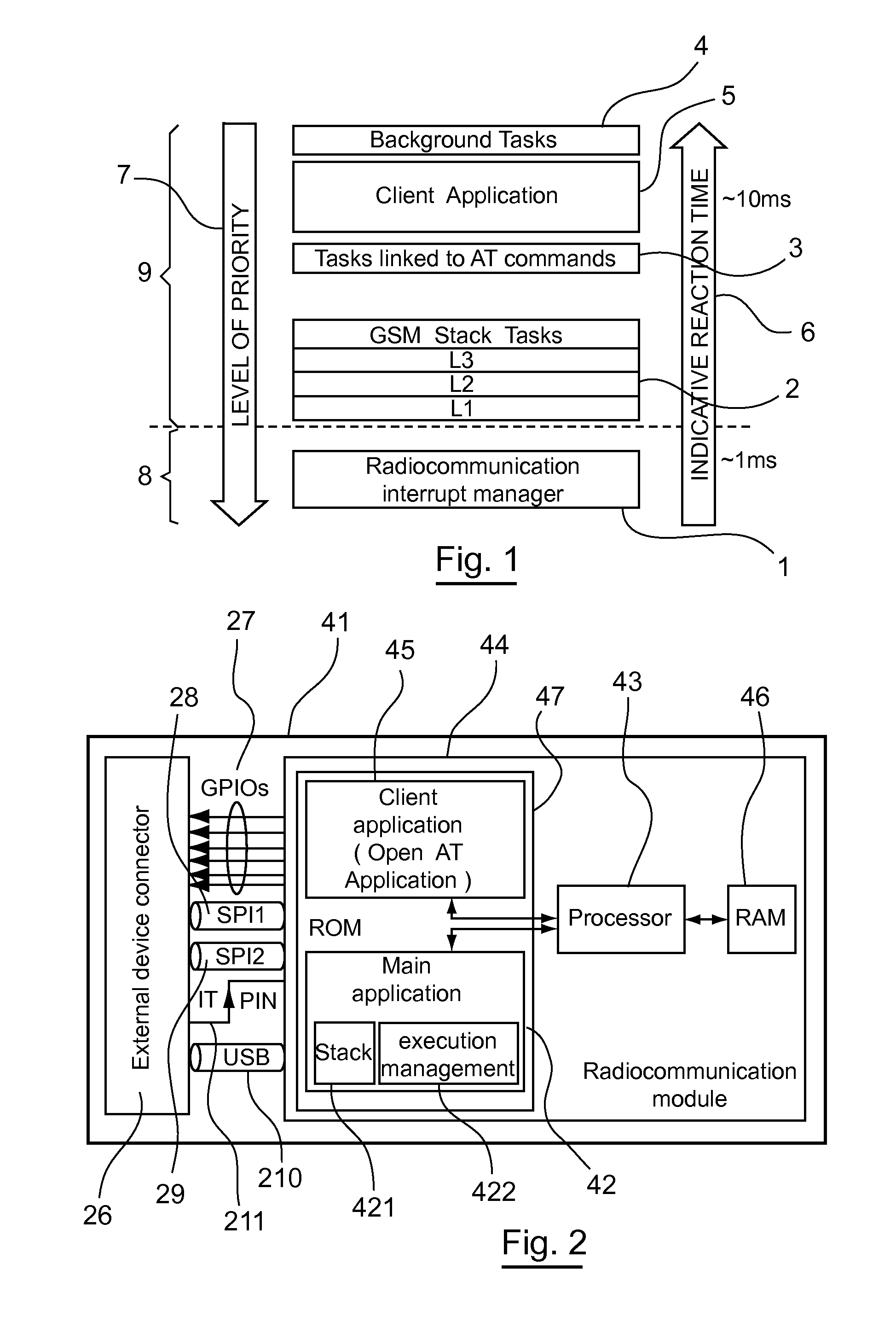 Method for managing the execution of a software architecture of a radiocommunication circuit with constant processor frequency, corresponding computer program product and circuit