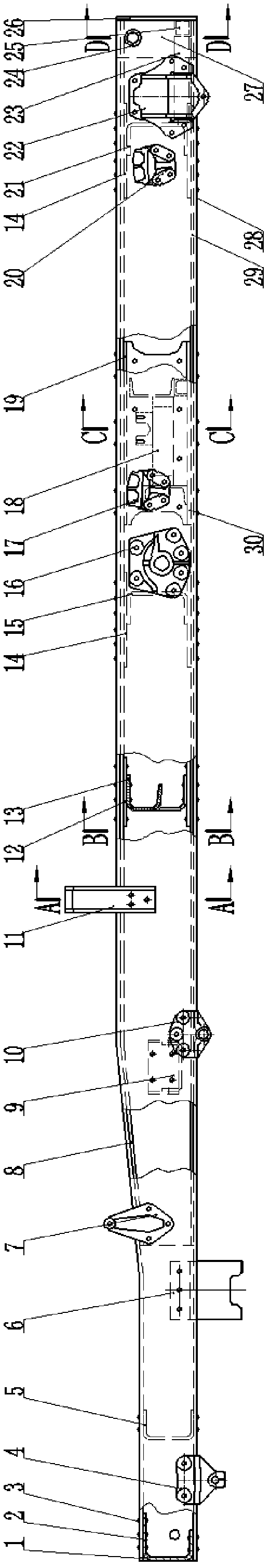 Dump truck frame with function of auxiliary frame