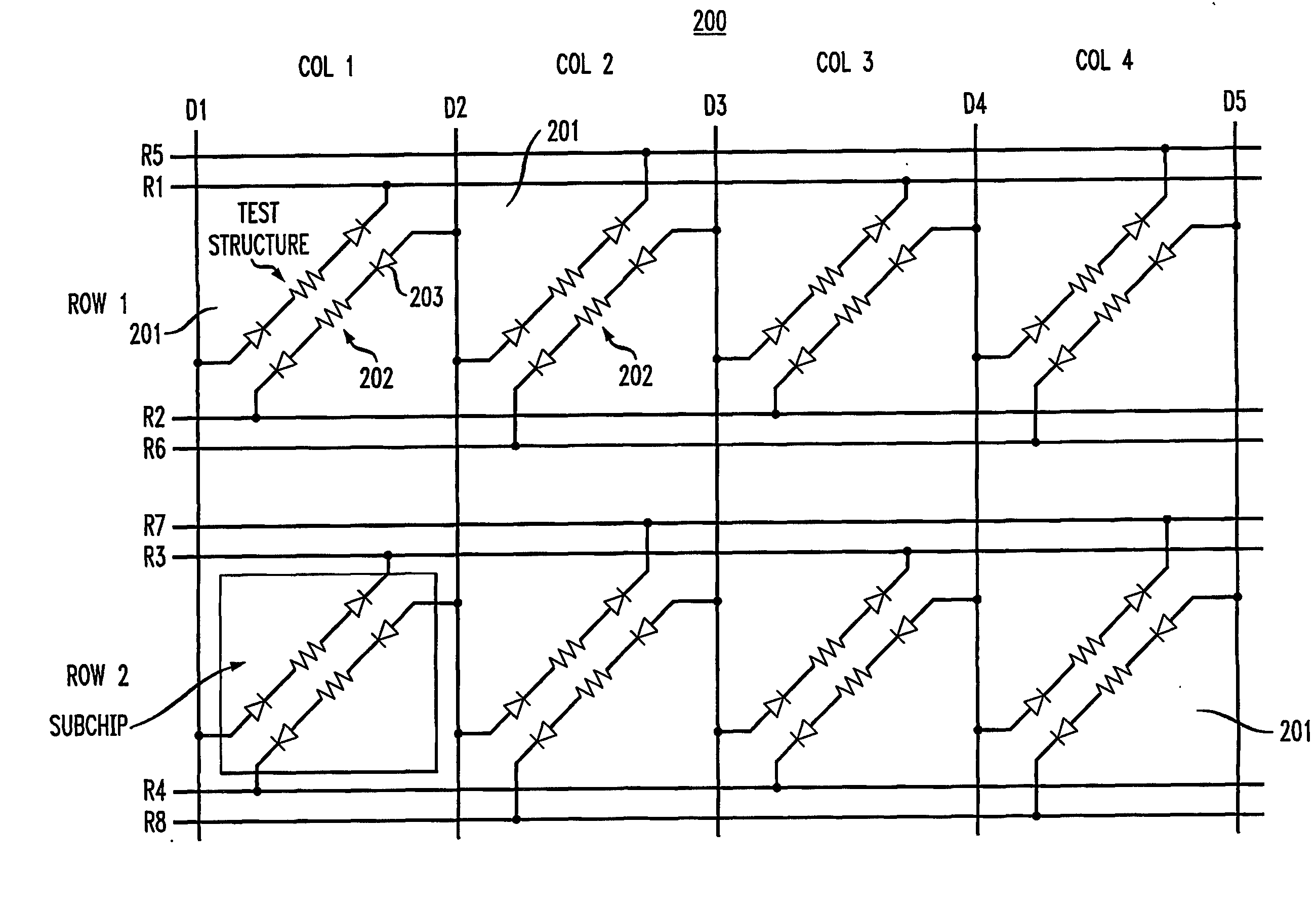 Method and configuration for connecting test structures or line arrays for monitoring integrated circuit manufacturing