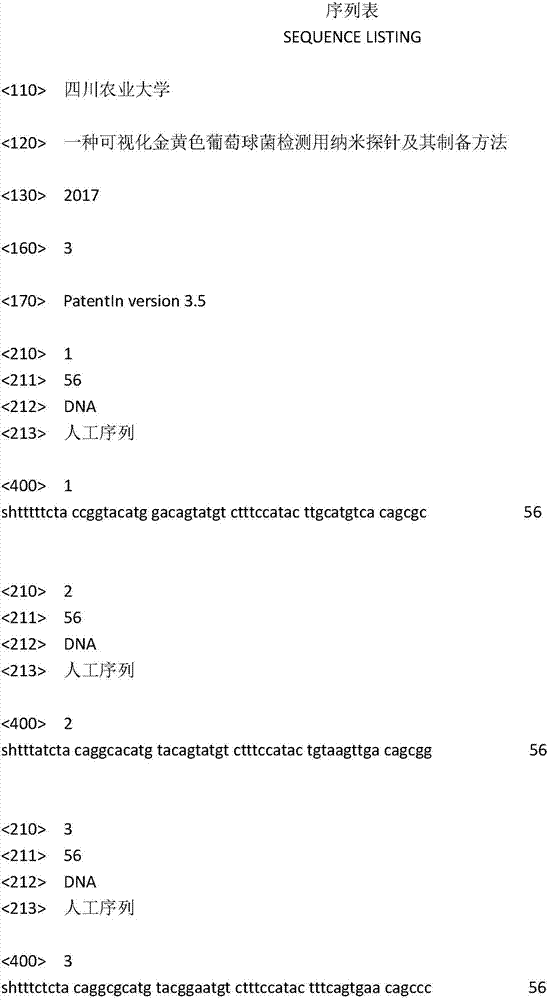 Nanoprobe for visual detection of staphylococcus aureus and preparation method thereof