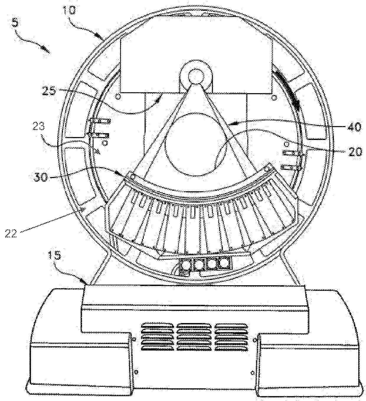 Anatomical imaging system having fixed gantry and rotating disc, with adjustable angle of tilt and increased structural integrity, and with improved power transmission and position sensing