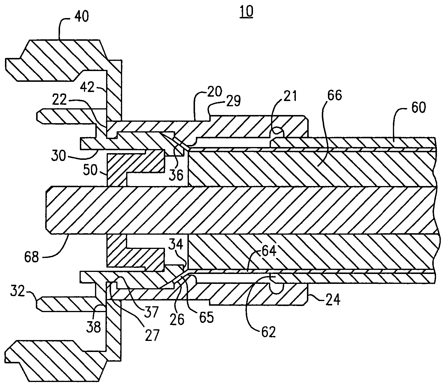 Coaxial connector and method