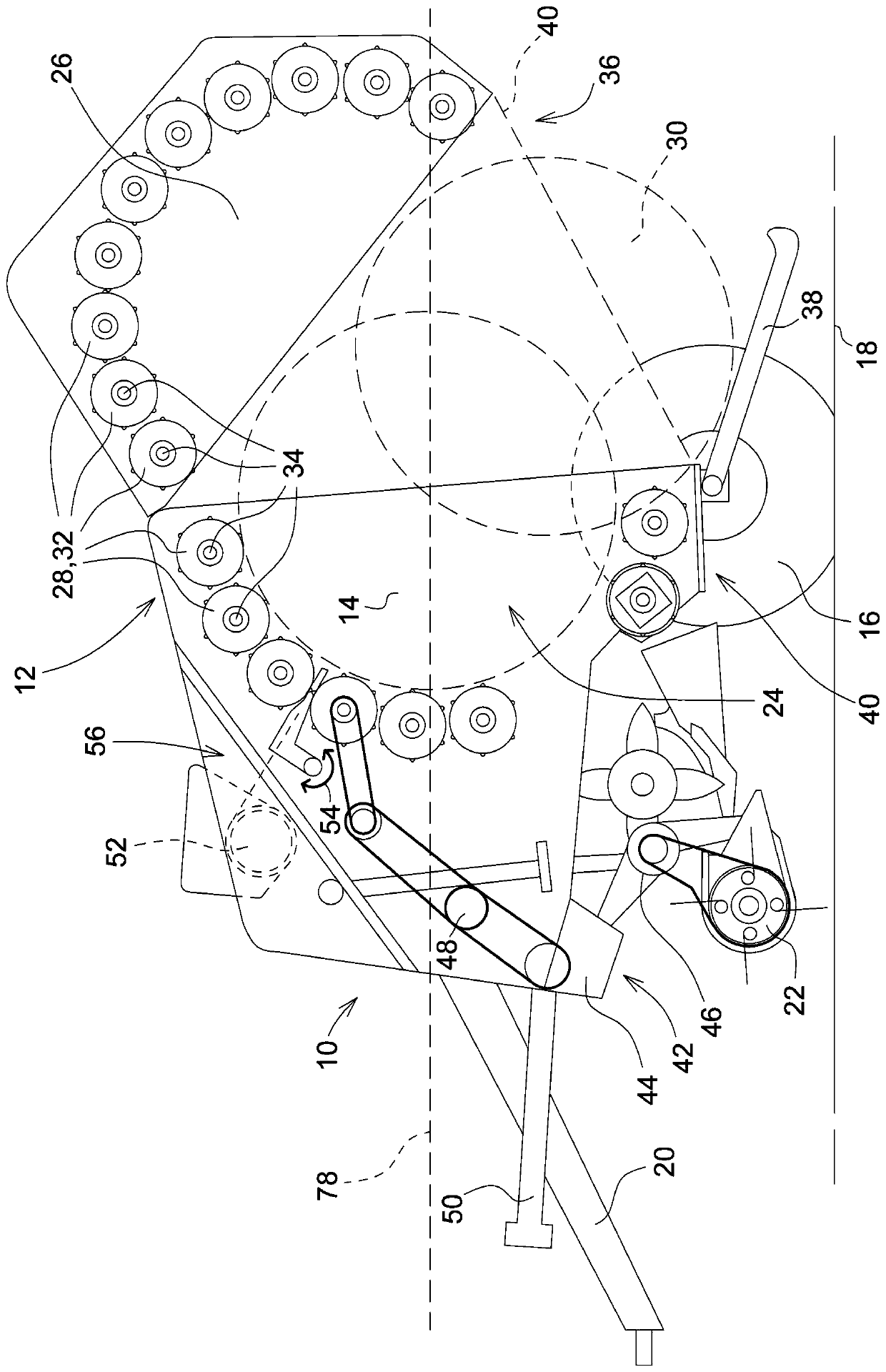 Unloading device, round baler and discharging method