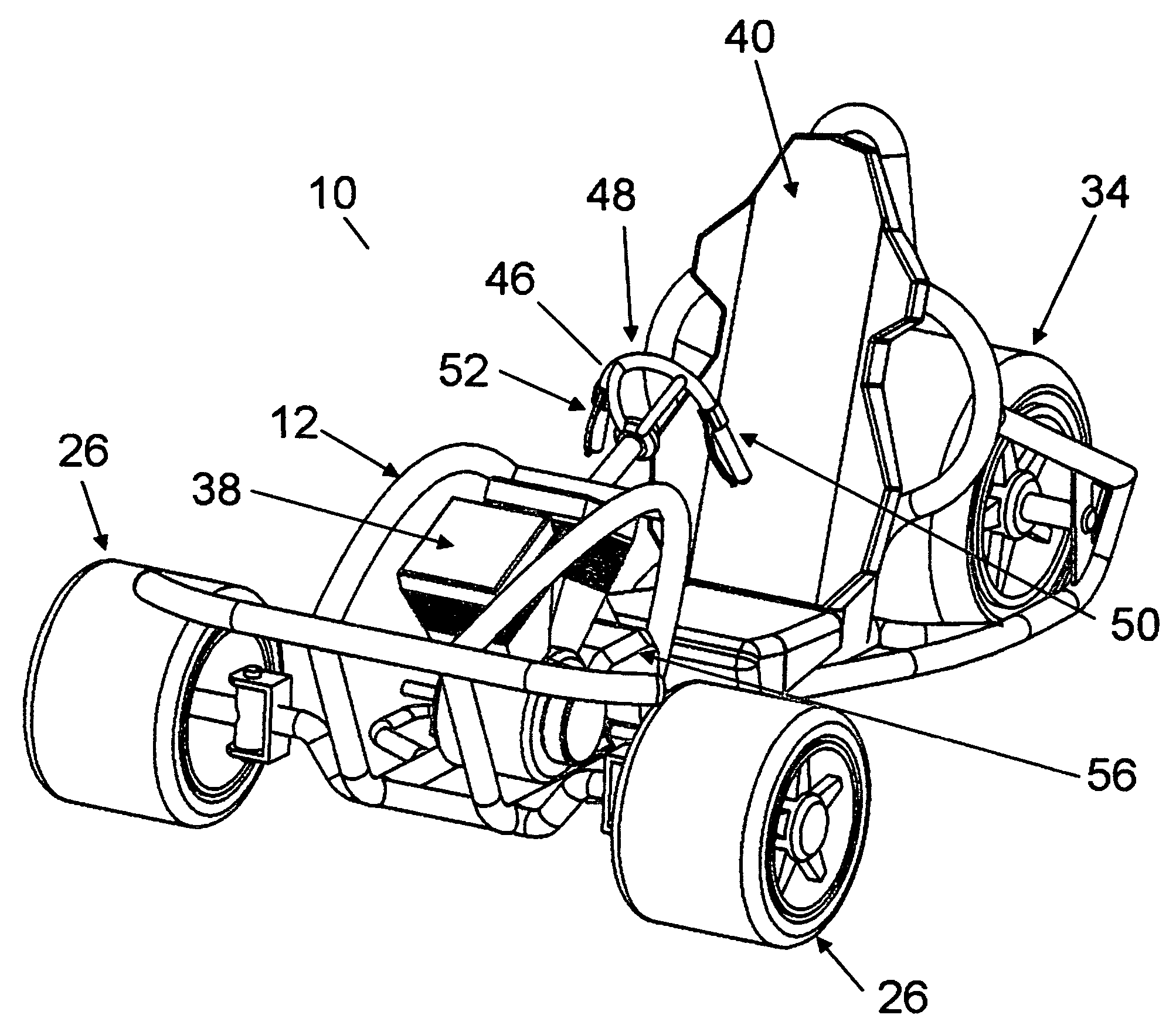 Three-wheeled vehicle with centrally positioned motor and driver's seat