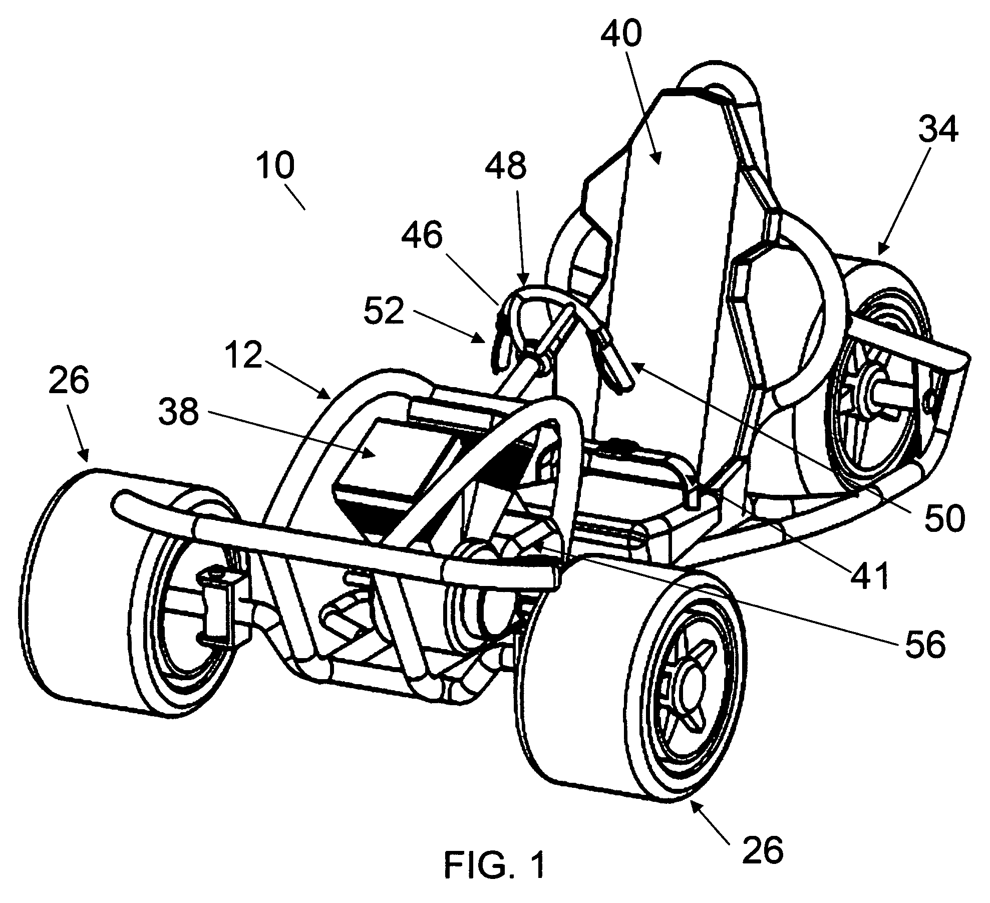 Three-wheeled vehicle with centrally positioned motor and driver's seat