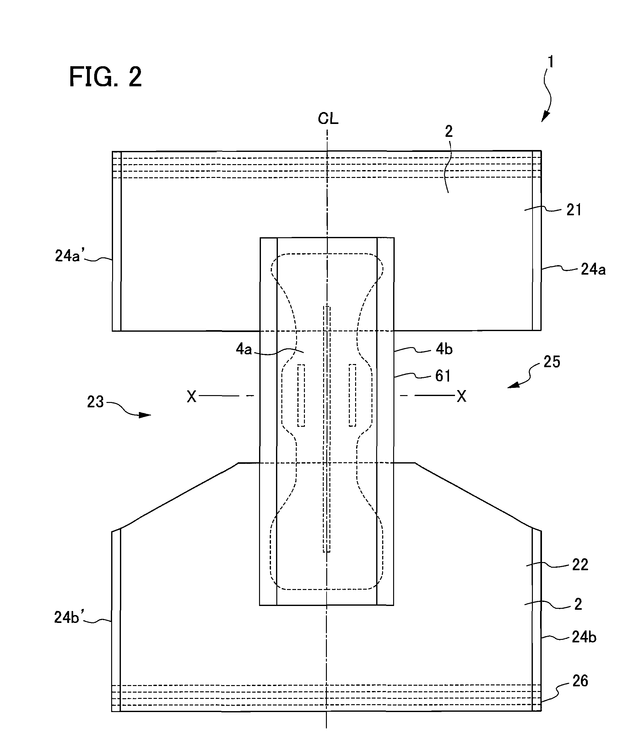 Absorbent article having spaced narrow width sections