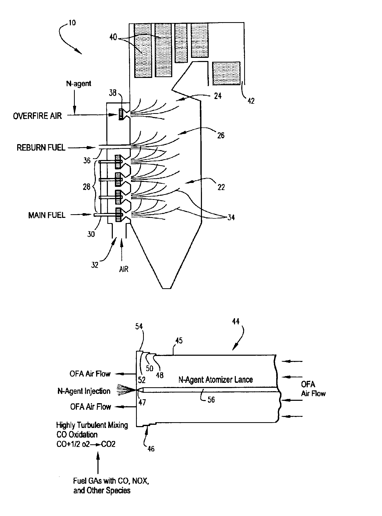 Step-diffuser for overfire air and overfire air/N-agent injector systems