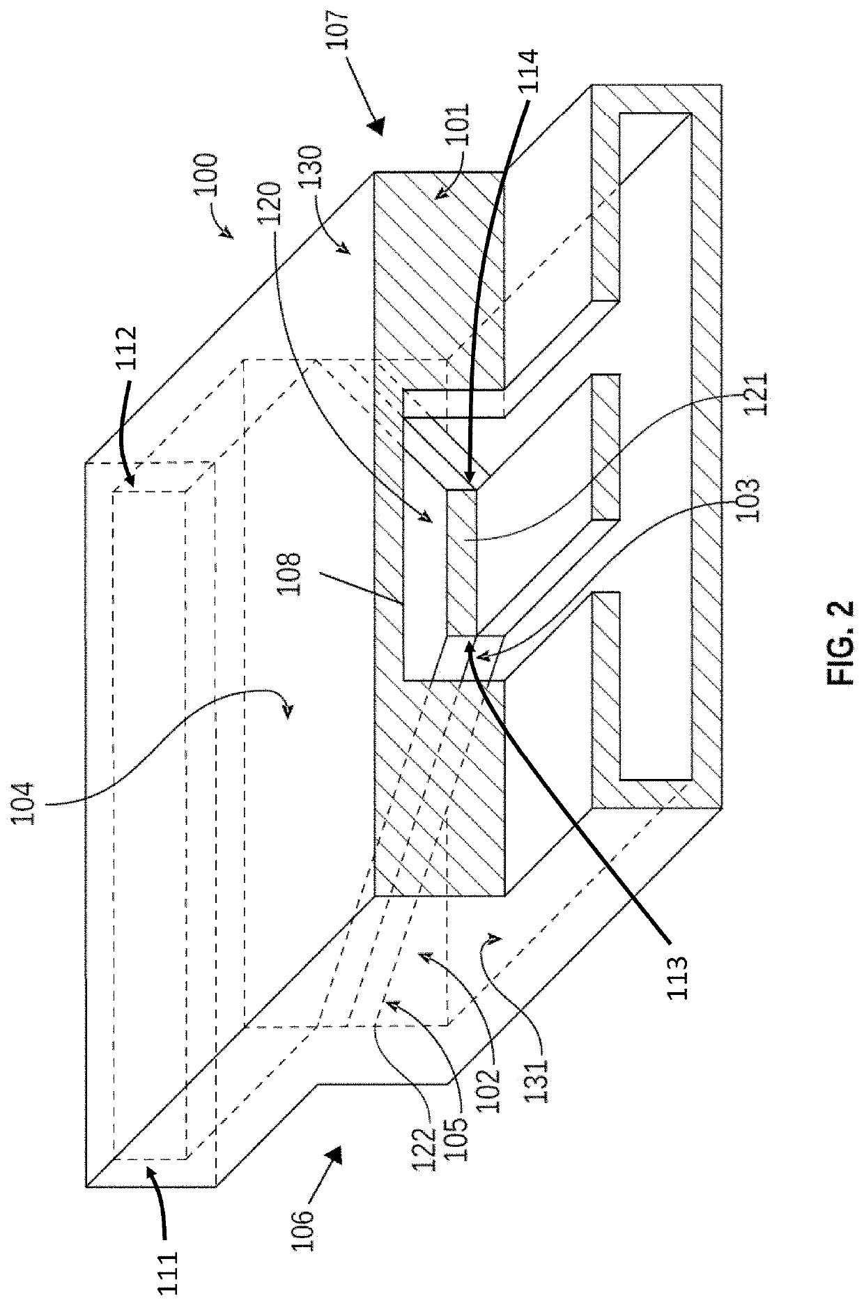 Waveguide transition between front and rear windows connected by a tapered plate to form upper and lower chambers that define an energy path through the transition