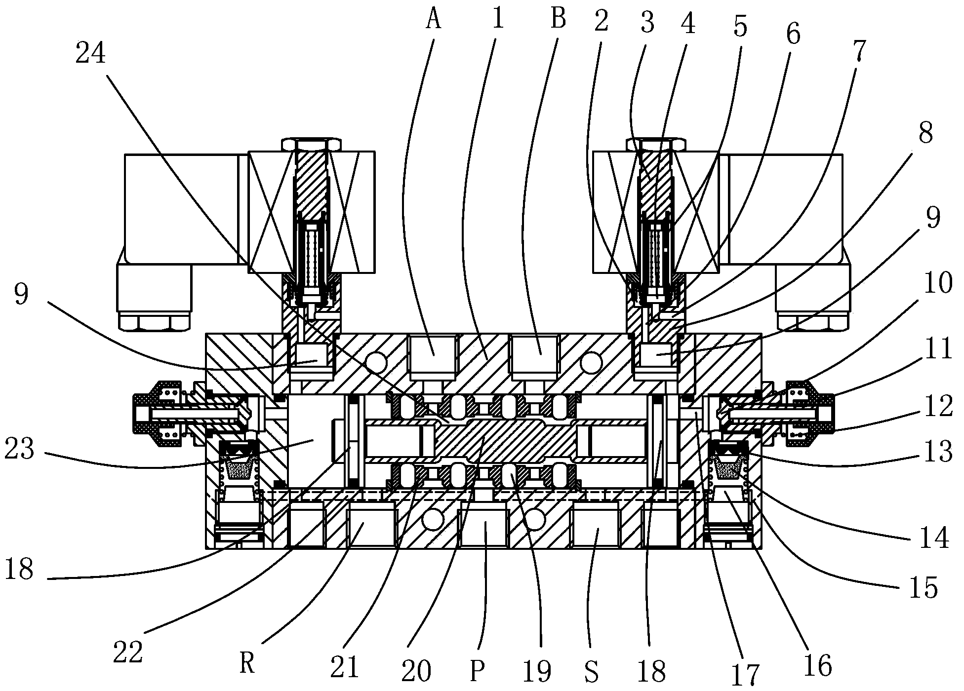 Symmetric two-position five-way valve