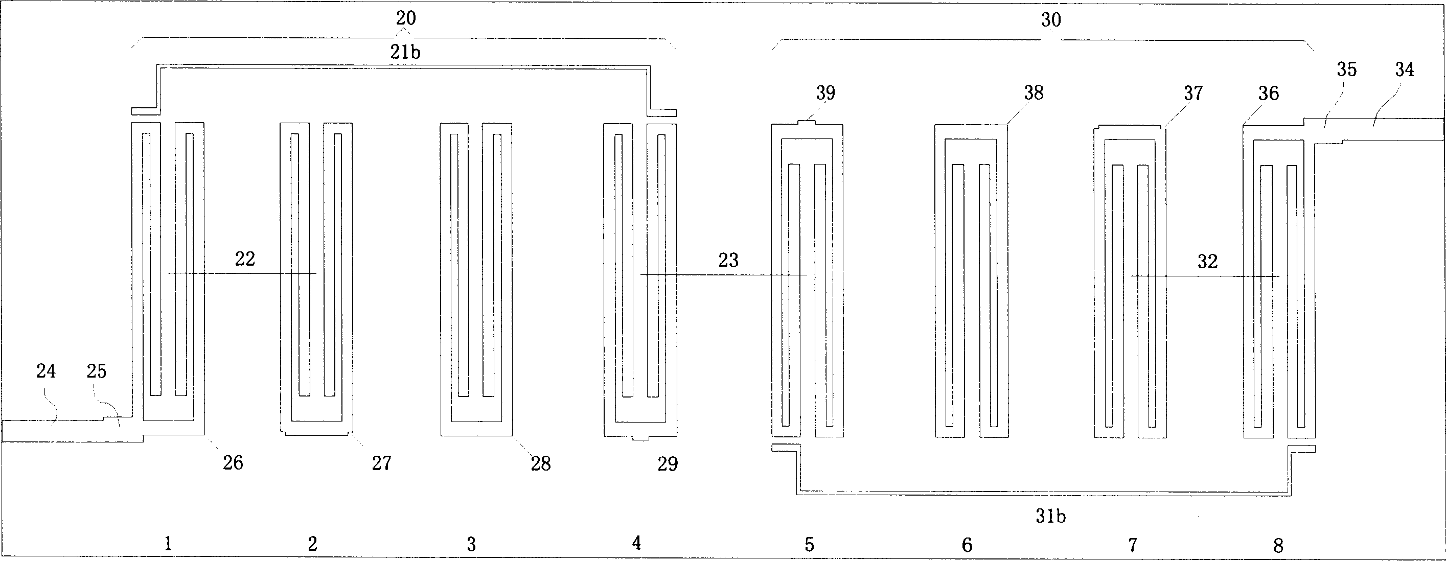 Crossing coupled filter of anti-parallel fold line