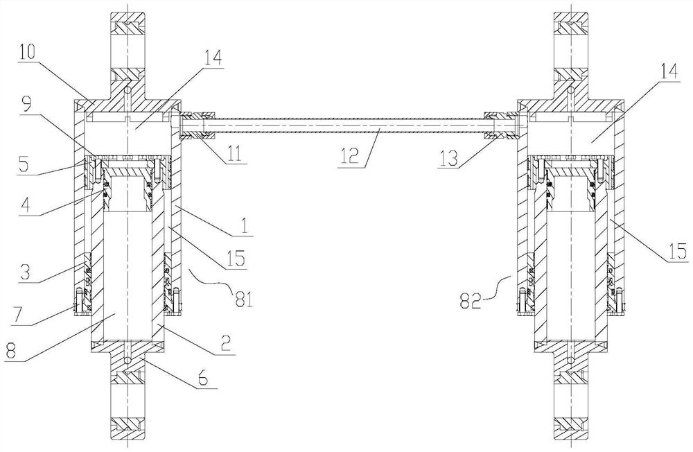 Balanced hydro-pneumatic suspension with built-in air chamber