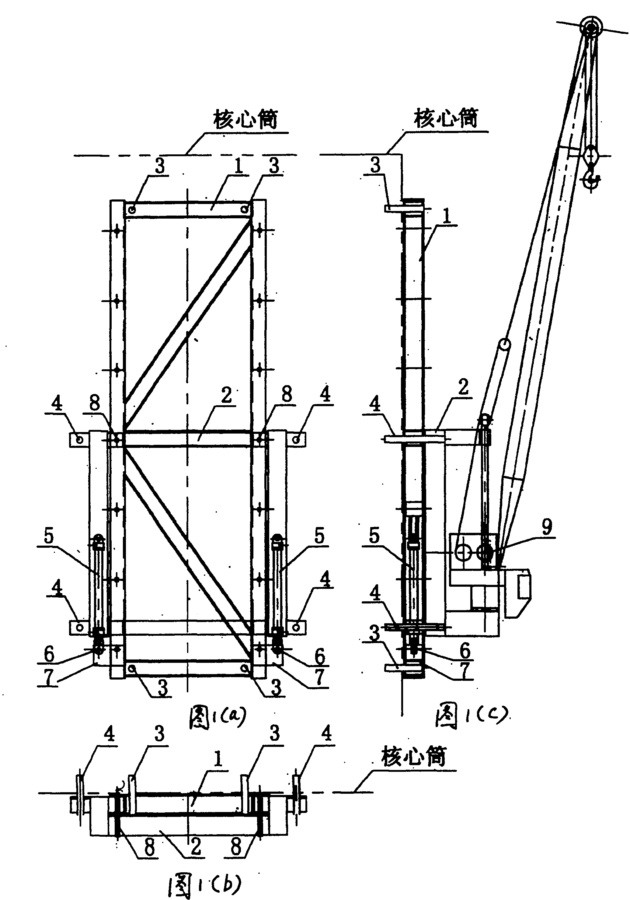 Self-lifting wall-attaching crane for superhigh-rise building construction with core drum