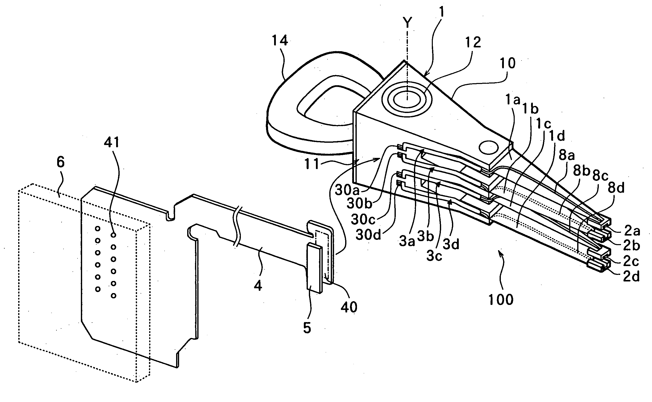 Magnetic head assembly having a rotational arm for electrically connecting the magnetic head to an external circuit and methods of manufacturing the same