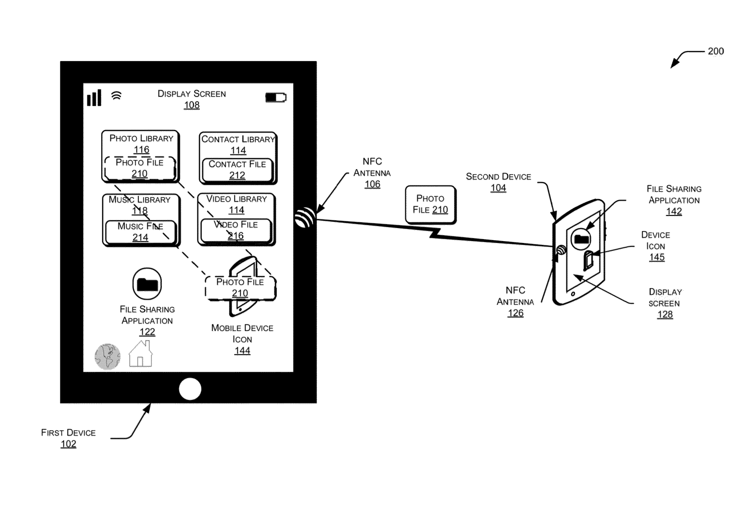 Location aware file sharing between near field communication enabled devices