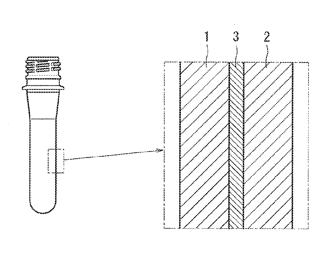 Multilayered preform and multilayered stretch-blow-formed container