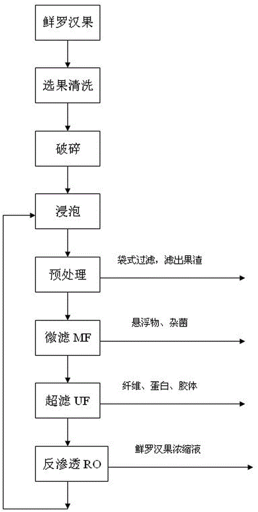 A kind of technology that adopts membrane separation technology to prepare fresh Luo Han Guo concentrated liquid