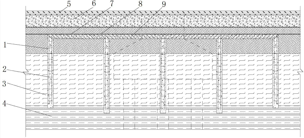 Viaduct road embankment structure with lower pile foundation bearing platform extending in roadbed, and construction method