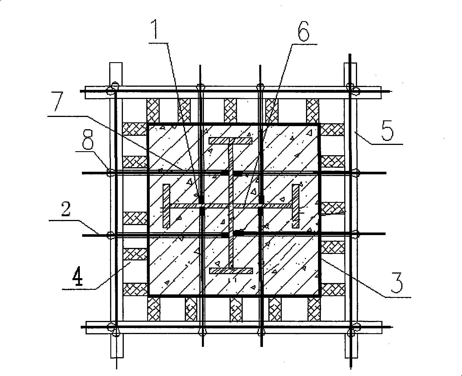 Construction method for preset nut type steel-reinforced concrete compound pier template fixing device
