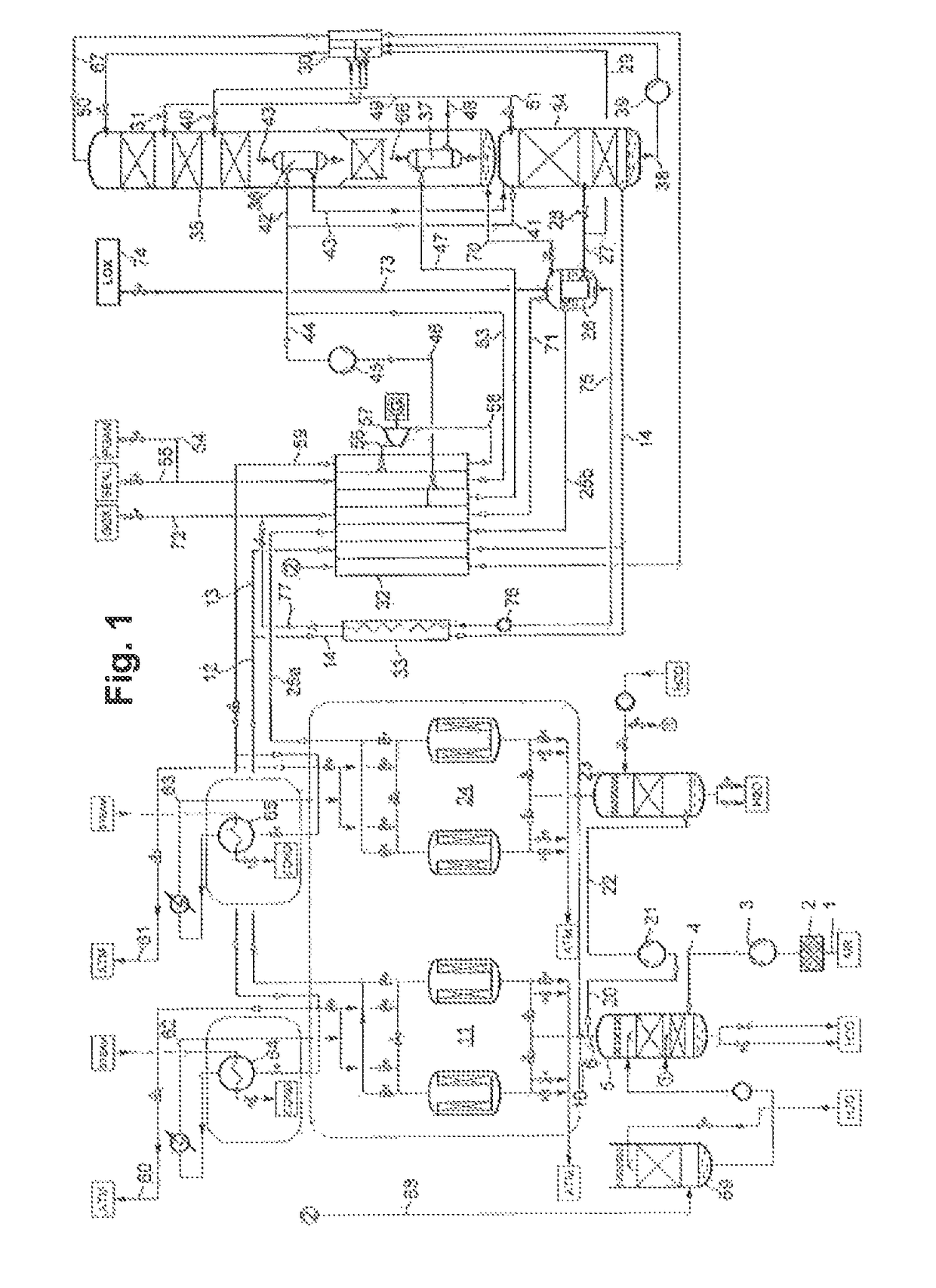 Method and device for oxygen production by low-temperature separation of air at variable energy consumption