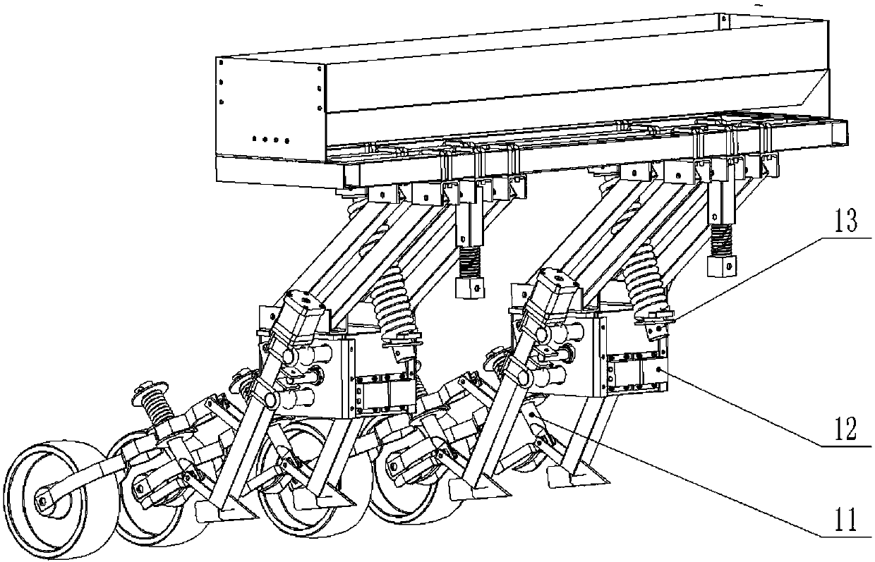 A rate-variable fertilizing machine used for corn and achieving self-adaptive line spacing