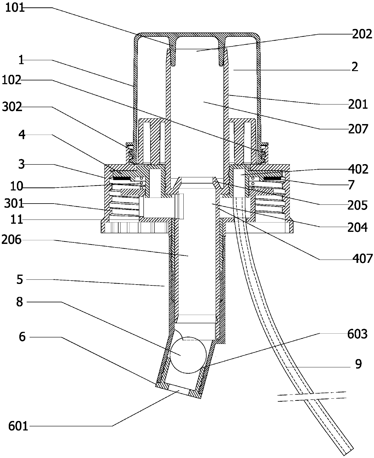 Pouring quantitative liquid dispenser with hydraulic compensation function