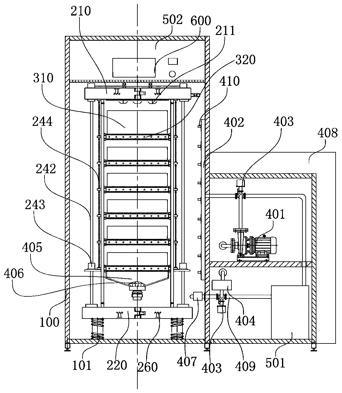 Automatic lifting dry-wet screening device and method for polymeric proppants