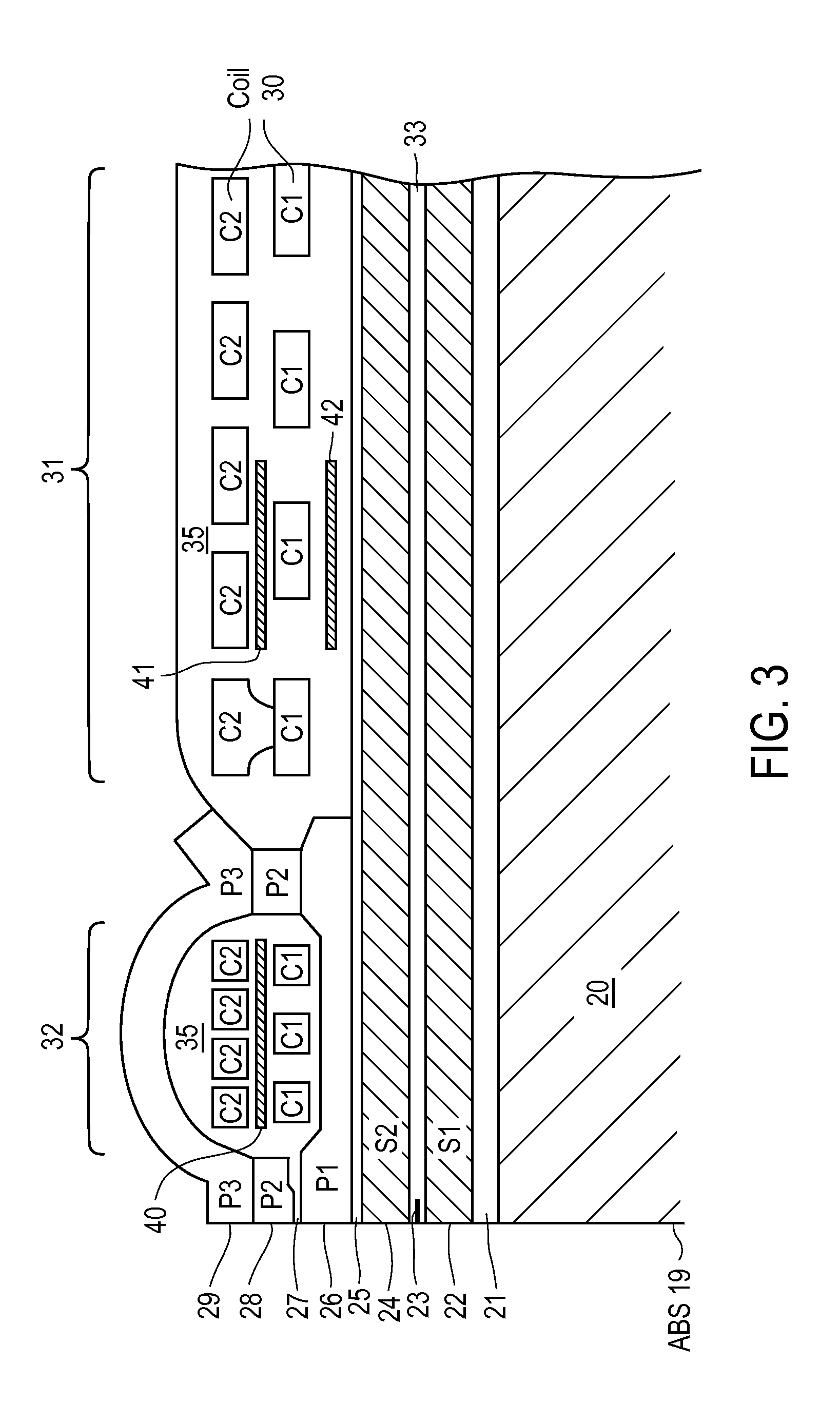 Perpendicular magnetic recording head with dynamic flying height heating element disposed below turns of a write coil