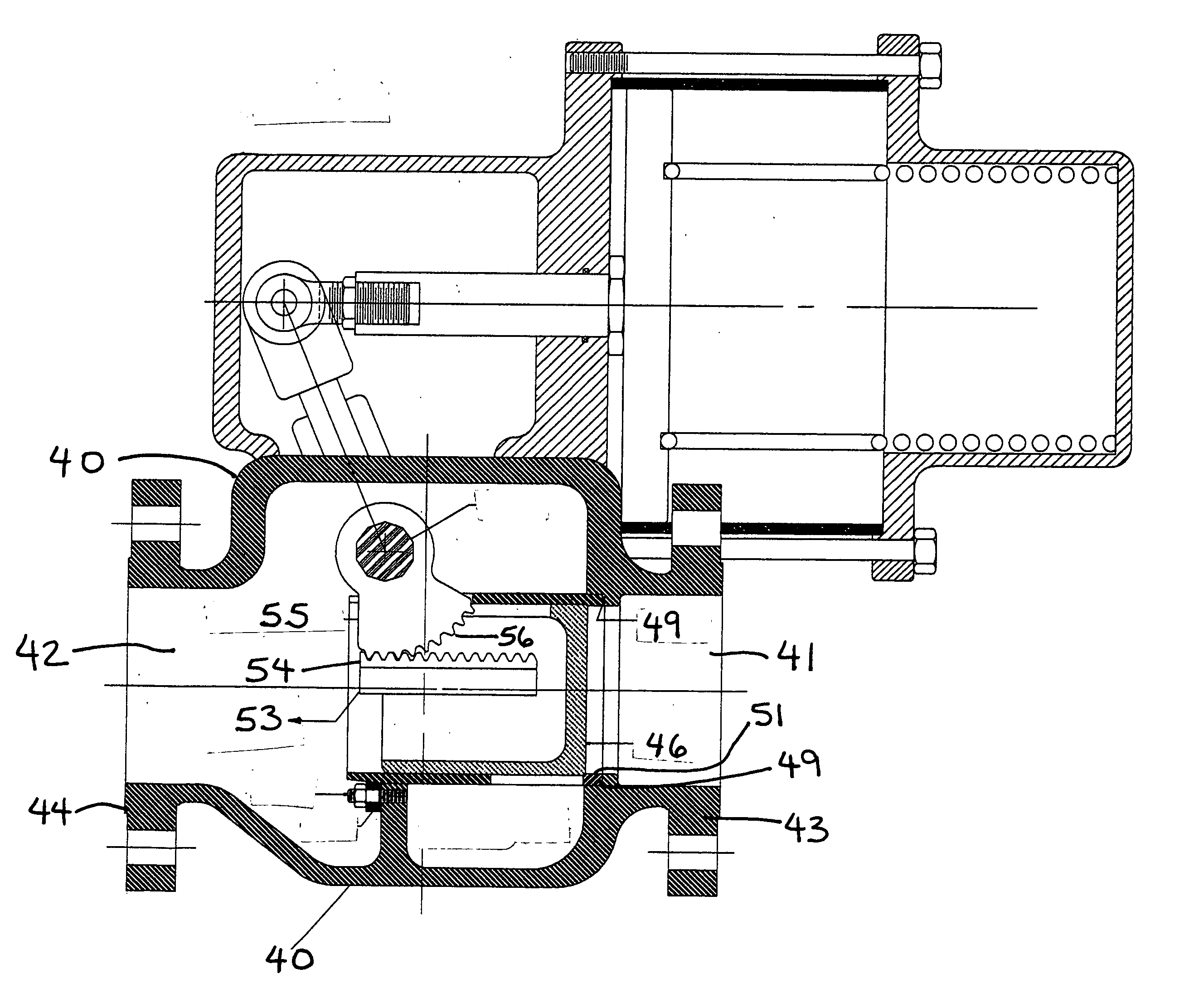 Inline control valve with rack and pinion movement