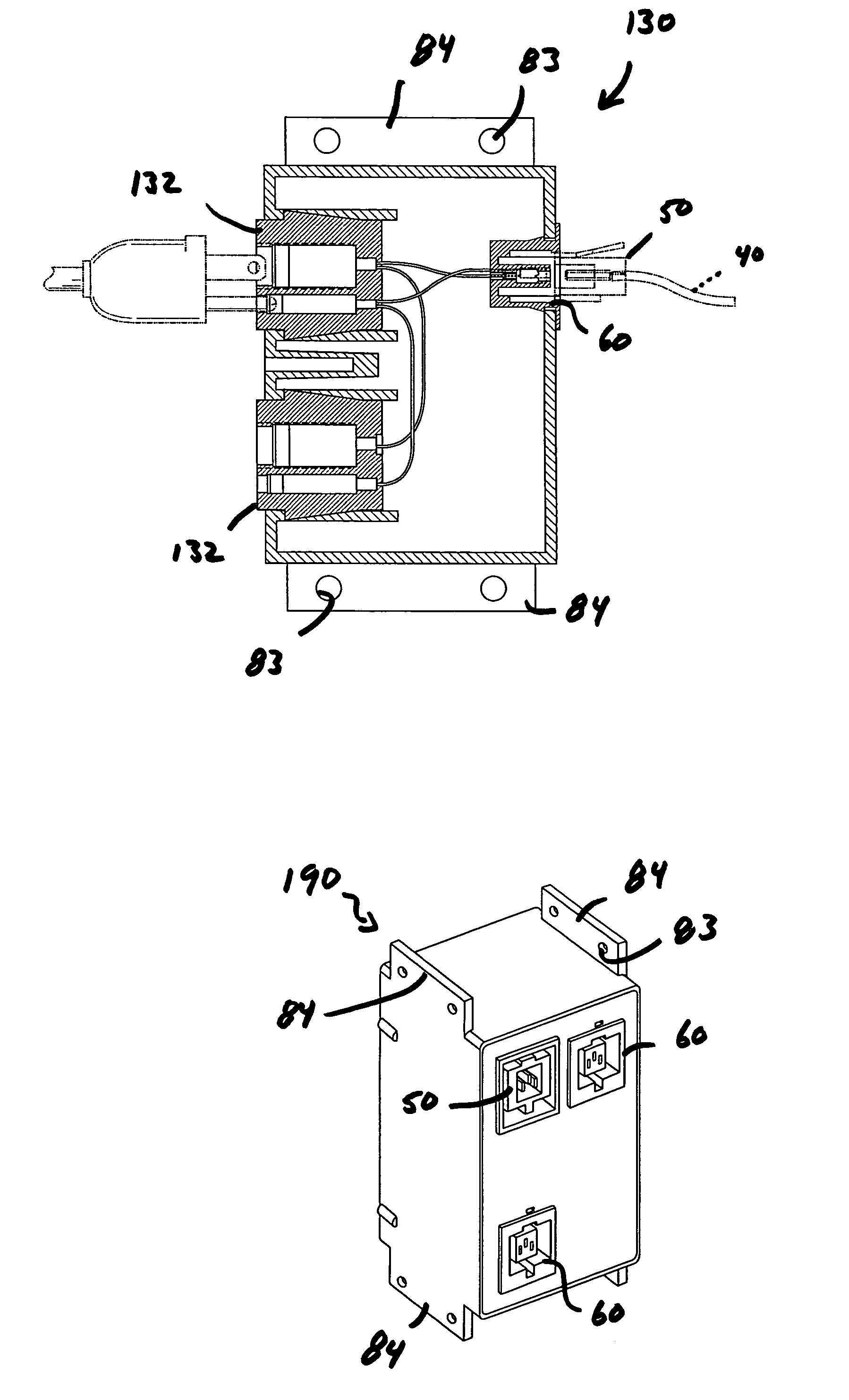 Module with interconnected male power input receptacle, female power output receptable and female load receptable