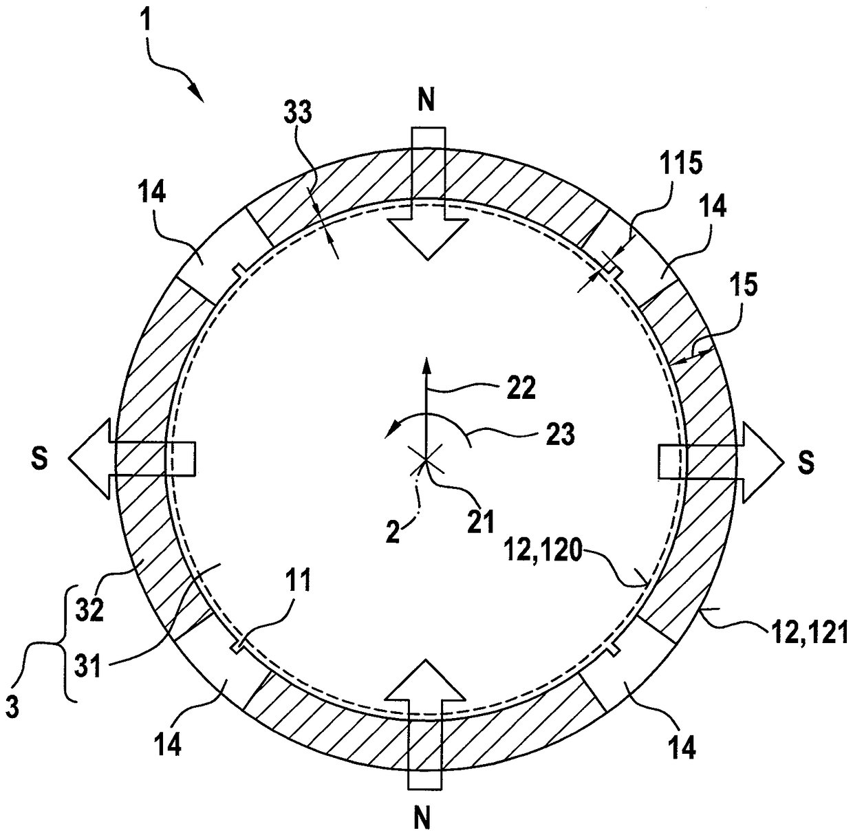 Rare earth element ring magnet with means for receiving foreign particles