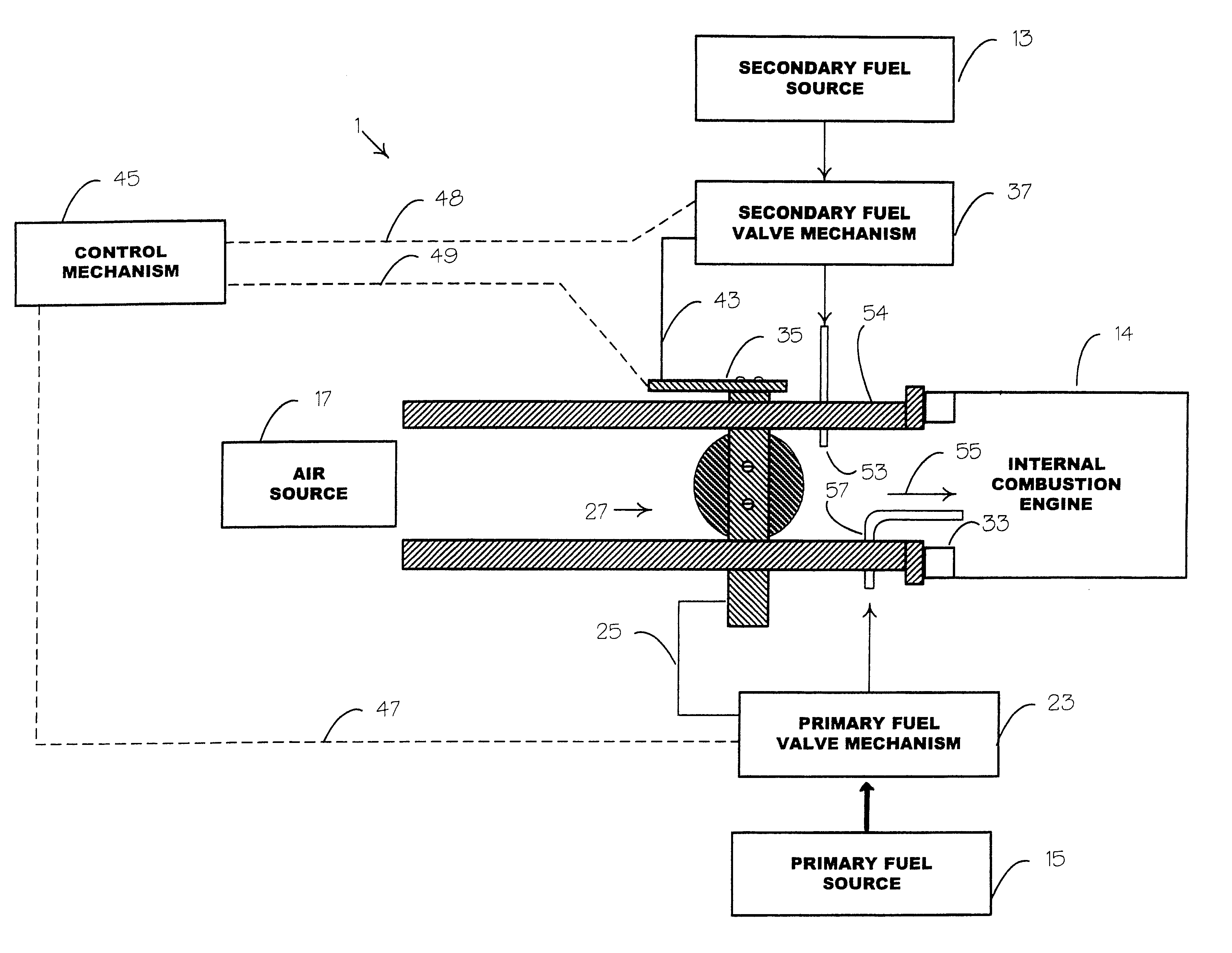 Internal combustion system adapted for use of a dual fuel composition including acetylene