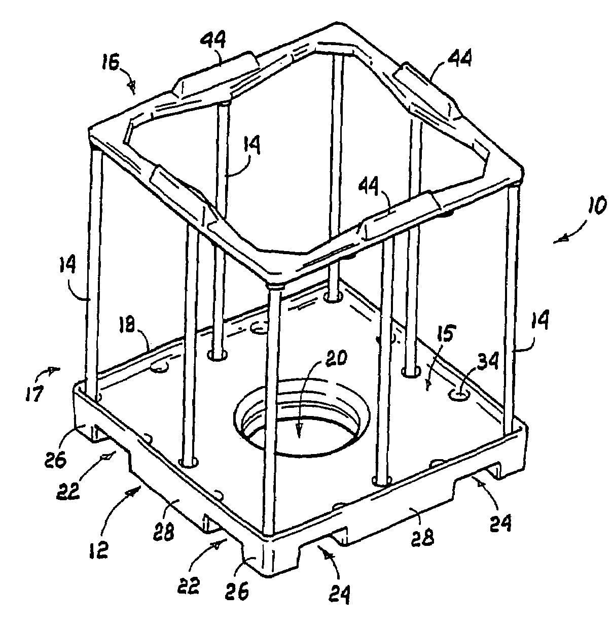 Intermediate bulk container with pallet and pole supported upper member