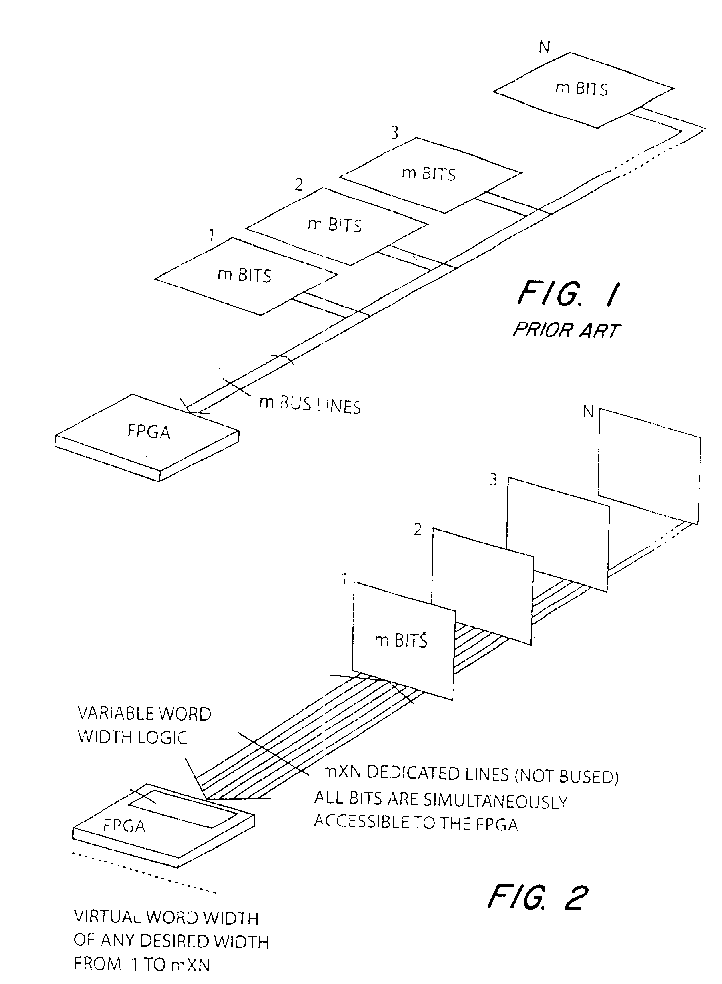 Field programmable gate array with a variably wide word width memory