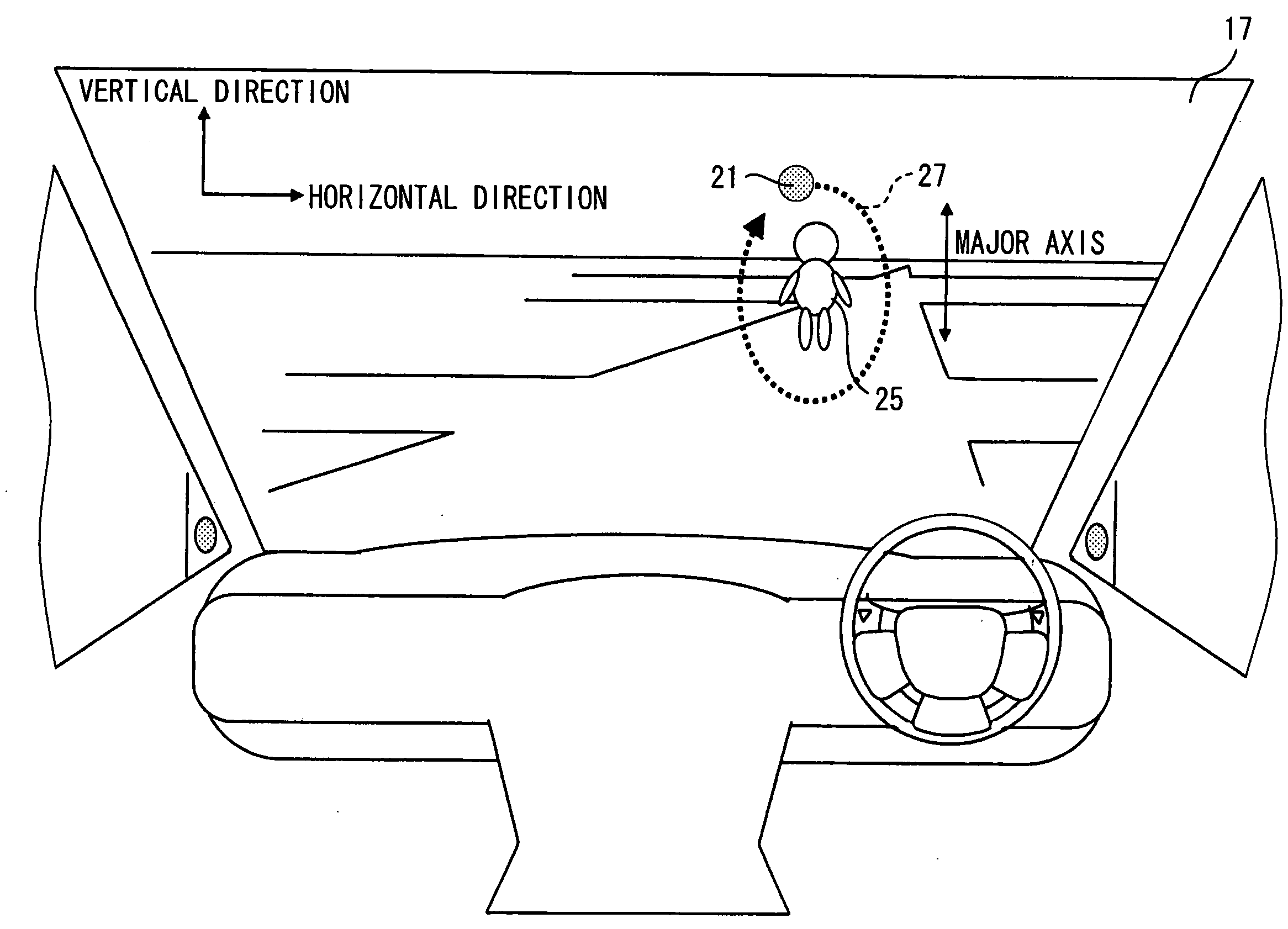 Automotive display device showing virtual image spot encircling front obstacle